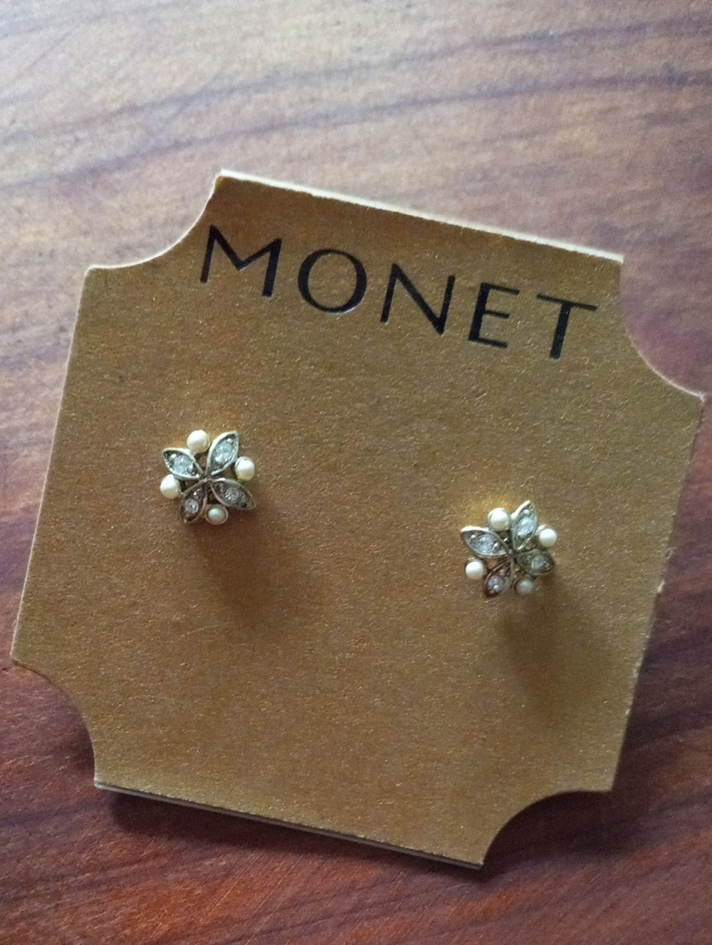 Vintage Monet Crystal Faux Pearl Flower Stud Earrings New on Card NWT